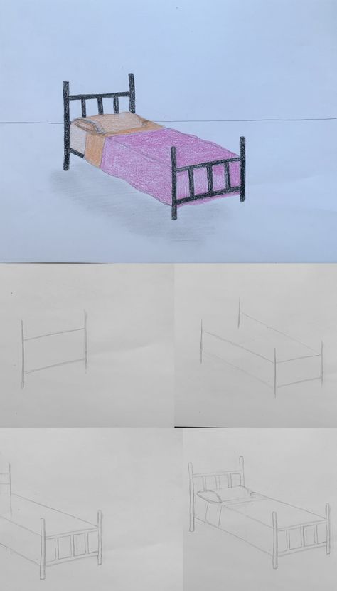 How To Draw A Bed - basicdraw.com How To Draw A Bed In One Point Perspective, How To Draw A Bed Step By Step, How To Draw Bedroom, Bed Art Drawing, Bed Perspective Drawing, How To Draw A Bed, Bed Drawing Sketches, Bed Sketch, Bedroom Supplies