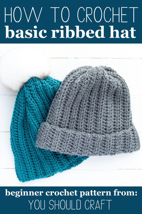 Worsted Weight Crochet Hat Pattern Free, Easy Knitting Patterns Free Beginner Crochet Beanie, Crochet Beanie Pattern Free Worsted, One Hour Crochet Hat, Beanies Hat, Crochet Ribbed Hat Worsted Yarn, Crochet Sock Hat Free Pattern, Free Crochet Ribbed Hat Patterns, Free Crochet Patterns For Mens Hats