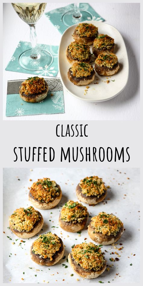 A plate of stuffed mushrooms on a table with a glass of wine. Mushroom Recipes Stuffed, Classic Stuffed Mushrooms, Stuffed Mushrooms Easy, Mushroom Appetizers, Steak Side Dishes, Easy To Make Appetizers, Stuffed Mushroom, Healthy Eating Tips, Mushroom Recipes