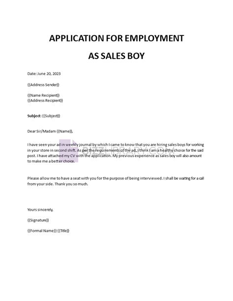 An example of a job application letter that can be used to apply for a salesboy position in any company, office, marketing firm, distribution firm, etc. Example Of Application Letter For Job, Example Of Application Letter, Application Letter For Employment, Job Application Example, Application For Employment, Job Application Sample, Job Application Letter Sample, Job Application Letter, Office Marketing