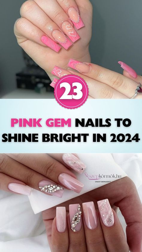 Shine bright in the new year with these dazzling pink gem nails. A collection of designs guaranteed to make you stand out in 2024. Pink Nails With Gems Jewels, Pink With Rhinestones Nails, Pink Nail Designs With Rhinestones, Pink Nails With Gems, Nail Designs With Gems, Pink Gem Nails, Best Pink Nails, Pink Nails With Rhinestones, Pink Bling Nails