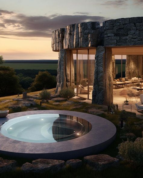 Stone Henge Inspired Dream Home: A Fusion of Stone and Design Round Jacuzzi, Stone Jacuzzi, Night Time Photos, Brutal Architecture, Round Hot Tub, Spanish Colonial Homes, Desert Resort, Base Ideas, Mountain City