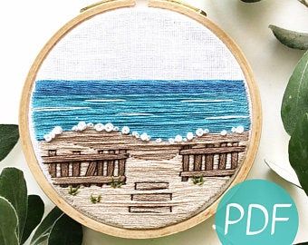 Embroidery coast | Etsy Beach Applique, Beach Embroidery, Embroidery Hoop Art Diy, Family Flowers, Diy Embroidery Kit, A Day At The Beach, Wooden Hoop, Hand Embroidery Pattern, Modern Embroidery