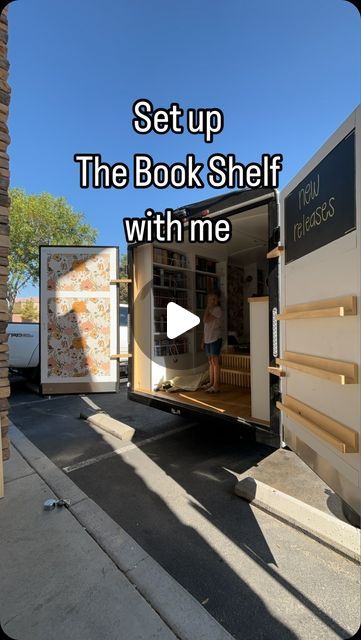 The Book Shelf on Instagram: "If only it was this fast! Have you ever wondered how we get ready for events?   Any questions about our set up? Let me know!   #thebookshelf #thebookshelfvegas #mobilebookstore #bookstore #lasvegasbookstores #independentbookstore #travelingbookstore #bookstoresetup #settingup" Library Shop Design, Mobile Bookstore Pop Up, Book Trailer Project, Bookstore Pop Up Booth, Bookstore On Wheels, Bookstore Trailer, Pop Up Shop Book Display Ideas, Trailer Bookstore, Book Shop Name Ideas