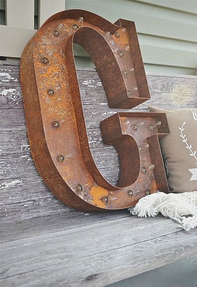 outdoor Vintage Style Sign Letters - Shades of Light   *industrial chic, loft, raw materials, factory, farmhouse, rustic, salvage style, vintage, urban, upcycle, recycle, reuse, found items, rust* Cozy Porch, Walk Outside, Word Decor, Vintage Letters, Liz Marie, Figure Design, Liz Marie Blog, Intricate Art, Exterior Signage