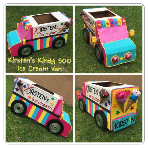 Kindy 500 cardboard ice cream van by Melissa L. Kindy 500 Ideas, Diy Ice Cream Truck Cardboard Boxes, Kindy 500 Cars, Ice Cream Truck Cardboard, Diy Ice Cream Truck, Transportation Parade, Kindy 500, Cardboard Boxes Kids, Cardboard Box Car