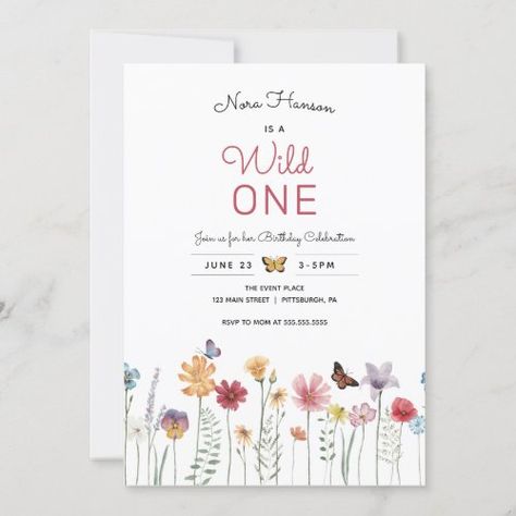 $2.85 | Wildflower Wild One First Birthday Invitation #invitation, wildflower, wild one, first birthday, birthday, 1st birthday, girl, wild child, garden, butterfly Wildflower Birthday Party, Wildflower Party, Wild One First Birthday, Flower Birthday Party, Garden Butterfly, 1st Birthday Girl, 1st Birthday Photoshoot, One Year Birthday, Wild One Birthday Party