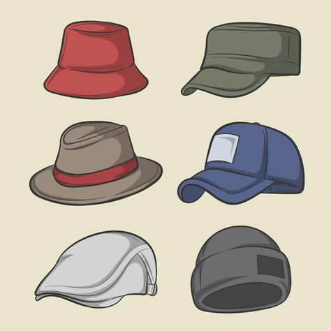 Hat collection vector Men Fedora Hat Outfits, Drawing For Men, Hats Drawing, Riders Logo, Hat Reference, Hat Sketch, Fedora Hat Outfits, Hats Beret, How To Draw Anything