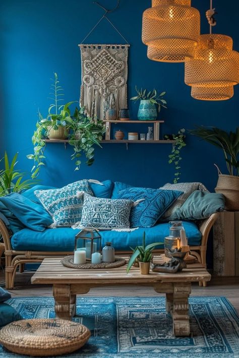 Boho Reading Corner, Blue Boho Living Room, Blue Boho Decor, Reading Corner Ideas, Boho Chic Nursery, Light Blue Walls, Boho Chic Living Room, Mediterranean Style Home, Boho Style Decor