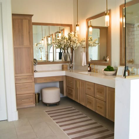 Builders Flooring & Design | Project Gallery Long Bathroom Vanity With Tall Cabinet, Bathroom And Vanity Combo, Master Bath Cabinets Double Sinks, Large Master Vanity, Small Bathroom Vanity With Makeup Area, Natural Cabinets Bathroom, Teak Vanity Bathroom Ideas, Bathroom Vanity Layout Ideas, Main Suite Bathroom