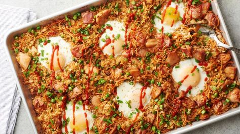 Sheet-Pan Chicken Fried Rice Recipe - BettyCrocker.com Sheet Pan Salmon And Crispy Rice, Pan Fried Rice Noodles, Sheet Pan Fried Rice With Shrimp, Teppan Grill Fried Rice, Pan Fried Rice, Damn Delicious Shrimp Fried Rice, Fried Rice With Shrimp, Rice With Shrimp, Matchstick Carrots