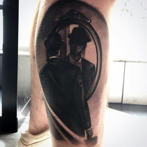 50 Reflection Tattoo Ideas For Men - Mirrored Designs Mirror Reflection Tattoo Ideas, Man In The Mirror Tattoo, Mirror Tattoo Reflection, Self Reflection Tattoo, Reflection Tattoo Ideas, Mirror Tattoo Design, Tattoo Mirror, Tattoo About Strength, Man Mirror