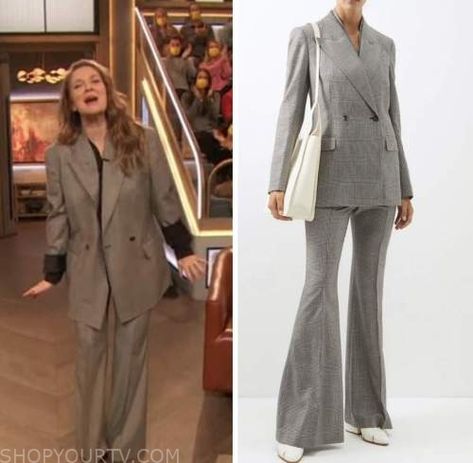 Drew Barrymore Show: November 2022 Drew Barrymore's Grey Plaid Blazer and Pant Suit Drew Barrymore Show Outfits, Drew Barrymore Pant Suits, Far From Home Drew Barrymore, Drew Barrymore 2022, Drew Barrymore Talk Show, Grey Plaid, Where To Buy Clothes, Drew Barrymore, Plaid Blazer