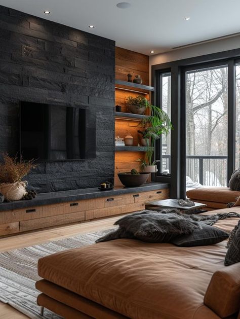 Black Stone Wall Living Room, Wood Black And Grey Living Room, Dark Wood Aesthetic Living Room, Dark Wall In Living Room, Black Wall Interior Design, Dark Color Basement Ideas, Black Wall Ideas Living Room, Black Fireplace Tv Wall, Black And Wooden Living Room