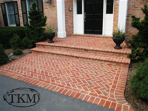 Mortared herringbone brick porch and landing with bullnose treads | Flickr - Photo Sharing! Herringbone Brick Porch, Exterior Entrance Ideas, Herringbone Brick, Brick Sidewalk, Exterior Entrance, Brick Driveway, Brick Porch, Brick Pathway, Brick Steps