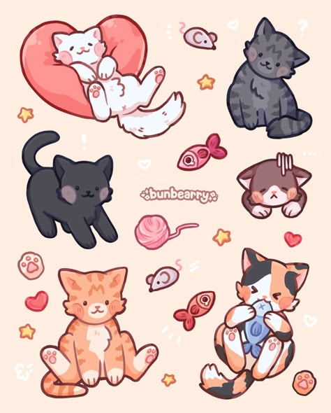 Kawaii Kitties! 🐈🐈‍⬛ I wanted to draw more things outside of Petal and Cocoa for my sticker sheets, and what’s cuter than cats? Two of them are inspired by my little gremlins, Juice & Jello! 😆 I have so many pictures of Juice sitting like that 😂 What other animals would you like to see? 🤔 Cat On Back Drawing, Cute Plushie Drawing, Cute Calico Cat Drawing, Cat And Fish Drawing, Mushroom Cat Drawing, Baby Cat Drawing, Cute Cat Expressions, Chibi Cat Drawing, Cute Cat Art Kawaii