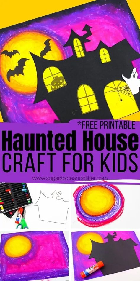 How to make a haunted house craft for kids with a pretty oil pastel night sky - a great first oil pastels art project for kids! Plus tips on how to contain the mess, clean any oil pastel stains, and a free printable haunted house template Oil Pastel Art Halloween, Build A Haunted House Craft, Haunted House Drawing For Kids, Oil Pastel Halloween Art, Printable Haunted House Template, Haunted House Art For Kids, Halloween Oil Pastel Art, Oil Pastel Night Sky, Haunted House Crafts For Kids