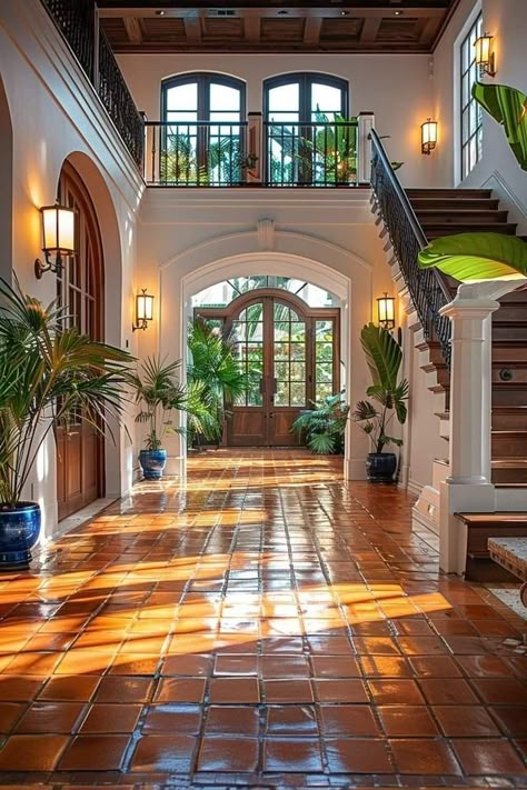 Spanish House Entrance, Spanish Mediterranean Exterior, Spanish House Architecture, Old House Entrance, Spanish Hallway, Colonial Homes Exterior, House On Pillars, Spanish House Interior, Spanish Hacienda Style Homes