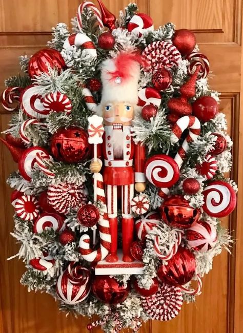 Nutcracker and Peppermint Candy Wreath Inspired by Pinterest. | Hometalk Peppermint Candy Ornaments, Nutcracker Wreath, Custom Wreaths, Wreath Ornaments, Pine Boughs, Nutcracker Decor, Nutcracker Christmas Decorations, Candy Wreath, Candy Ornaments