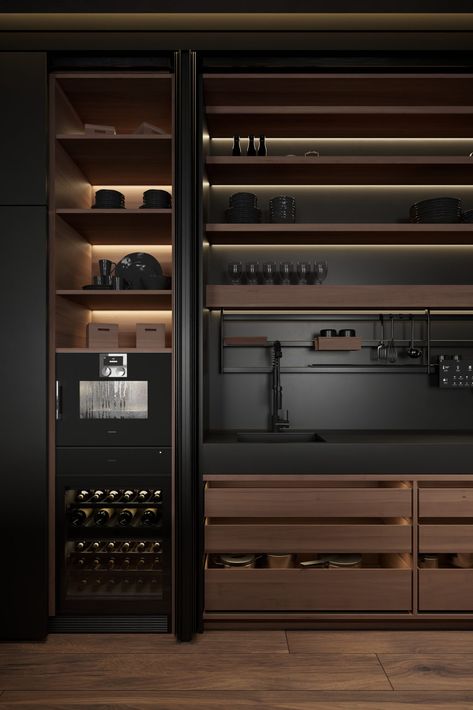 Sirotov Architects Wine Closet Design, Wine Cabinet Luxury, Wine Storage Contemporary, Luxury Wine Cellar Modern, Modern Wine Storage Metal, Wine Fridge Celler Litchne Wall, Wine Closet, Compact Kitchen, Showroom Interior Design