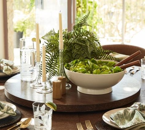 Serving Trays, Serving Platters & Serveware | Pottery Barn Large Lazy Susan For Dining Table, Lazy Susan Decorating Ideas, Modern Farmhouse Round Dining Table, Round Kitchen Table Decor, Lazy Susan Decor, Farmhouse Lazy Susan, Small Round Kitchen Table, Farmhouse Round Dining Table, Dining Table Tray