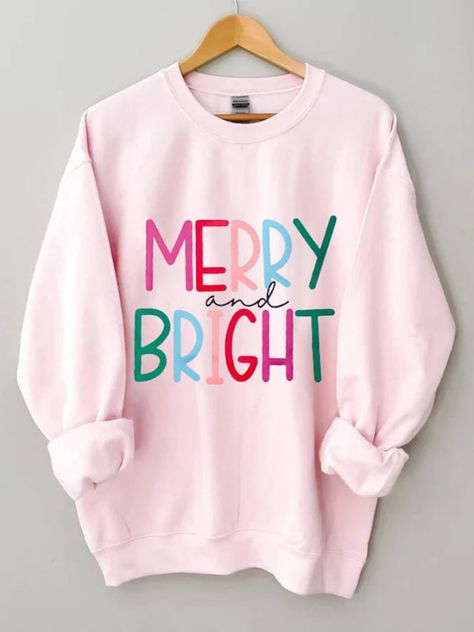 Jumper Ideas, Dropped Shoulder Sweatshirt, Letter Print Sweatshirt, Winter Sweatshirt, 가을 패션, Pink Sweatshirt, Christmas Sweatshirts, Casual Sweatshirt, Merry And Bright