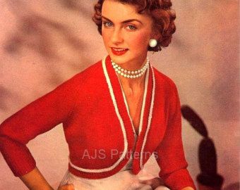 Bolero jacket and pearls. Bolero Style, Bolero Top, Medium Weight Yarn, Vintage Knitting Patterns, Colour Pattern, Bolero Jacket, Pdf Knitting Pattern, Style Cardigan, Knit Pattern