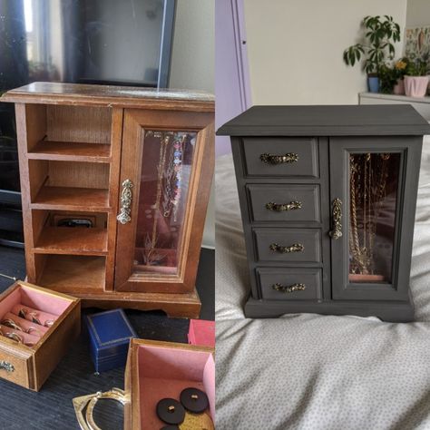 Jewelry Box Refurbished, Restored Jewelry Boxes, Jewelry Box Redo Diy, Jewelry Box Makeover Diy Ideas, Upcycled Jewelry Box Diy, Refurbished Jewelry Boxes, Jewelry Boxs, Tall Jewelry Box, Revamping Furniture