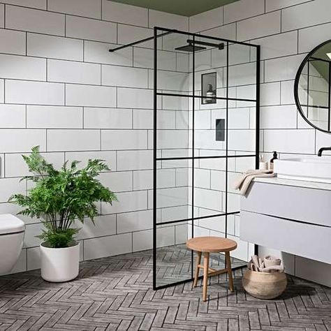 White Tiles Grey Grout, Brick Tiles Bathroom, White Tile Bathroom Walls, Brick Style Tiles, Large White Tiles, Topps Tiles, White Wall Tiles, White Bathroom Tiles, Tile Trends