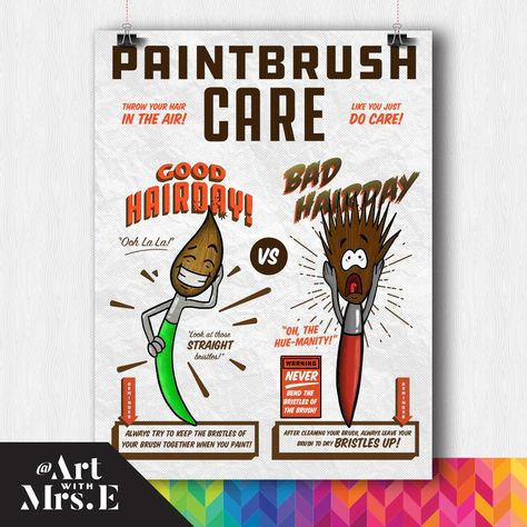 Paintbrush Care | Classroom Visual | Digital Download – Art With Mrs. E Art Room Posters, Elementary Art Rooms, Art Education Lessons, Right And Wrong, Elements And Principles, Elementary Art Projects, Art Corner, Good Hair, Good Hair Day