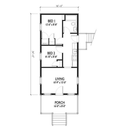 6 compact floor plans that fit two bedrooms into 550 square feet or less Tiny Cottage Floor Plans, Rectangle House Plans, Rectangular House, Cottage Flooring, Cottage Floor Plans, Cabin Floor, Cottage Style House Plans, Cabin Floor Plans, Small House Floor Plans