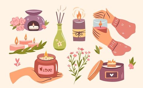 Scented candles set cozy collection of c... | Premium Vector #Freepik #vector Candle Drawing Art, Aesthetic Art Anime, Candle Booth, Al Hilal Wallpaper, Cartoon Candle, Candle Background, Candle Illustration, Mother Earth Art, Fancy Candles