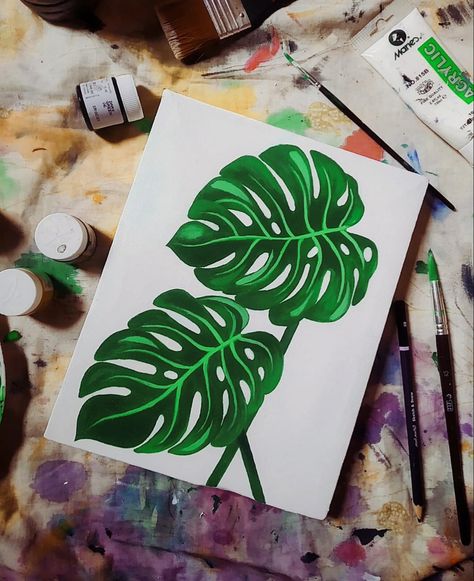 Simple Monstera Painting, Monstera Painting Acrylic, Monstera Embroidery, Monstera Painting, Plant Paintings, Succulent Painting, Rhinestone Painting, Project House, Monstera Plant