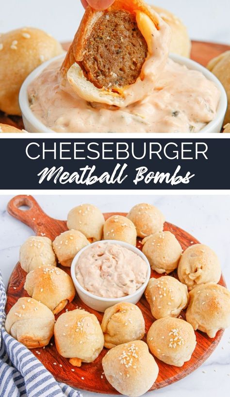 Looking for a fun twist on a traditional cheeseburger? These Cheeseburger Meatball Bombs are the perfect easy dinner recipe or quick snack that the whole family will love! Cheeseburger Appetizer, Flaky Biscuits, Bombe Recipe, Easy Dinner Recipe, Recipes Appetizers And Snacks, Quick Snack, Christmas Menu, Big Mac, Meatball Recipes