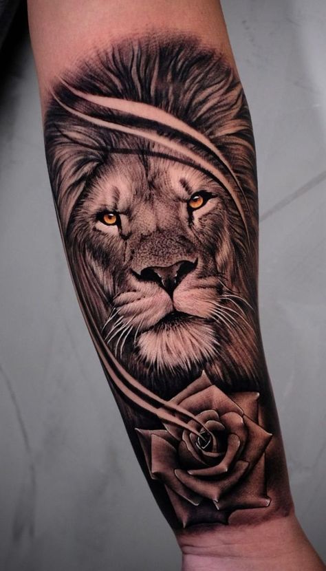 Lion And Rose Tattoo, Lion Arm Tattoo, Tattoo Calf, Tattoo Cherry, Lion Forearm Tattoos, Lion Art Tattoo, Animal Sleeve Tattoo, Lion Tattoo Sleeves, Mens Lion Tattoo