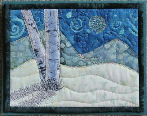 Quilted Postcards, Quilted Cards, Landscape Quilting, Postcard Ideas, Quilt Cards, Tree Quilts, Landscape Art Quilts, Landscape Quilt, Fabric Postcards