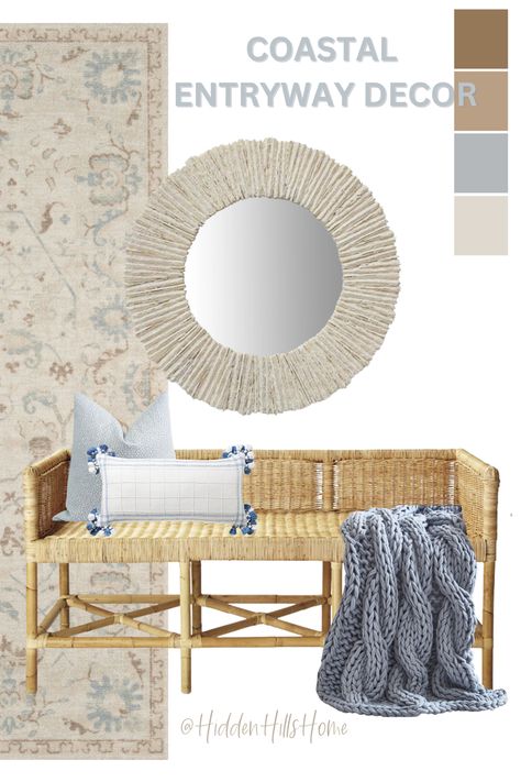 Coastal entryway decor mood board with a woven bench, blue coastal throw pillows, and a gorgeous statement mirror above. Foyer Ideas Entryway Coastal, Coastal Foyer Entryway Rug, Coastal Entryway Bench Ideas, Coastal Boho Entryway, Beach Entryway, Coastal Foyer Entryway, Beach House Entryway Ideas, Entryway Table Coastal Modern, Kitchen Coastal Style