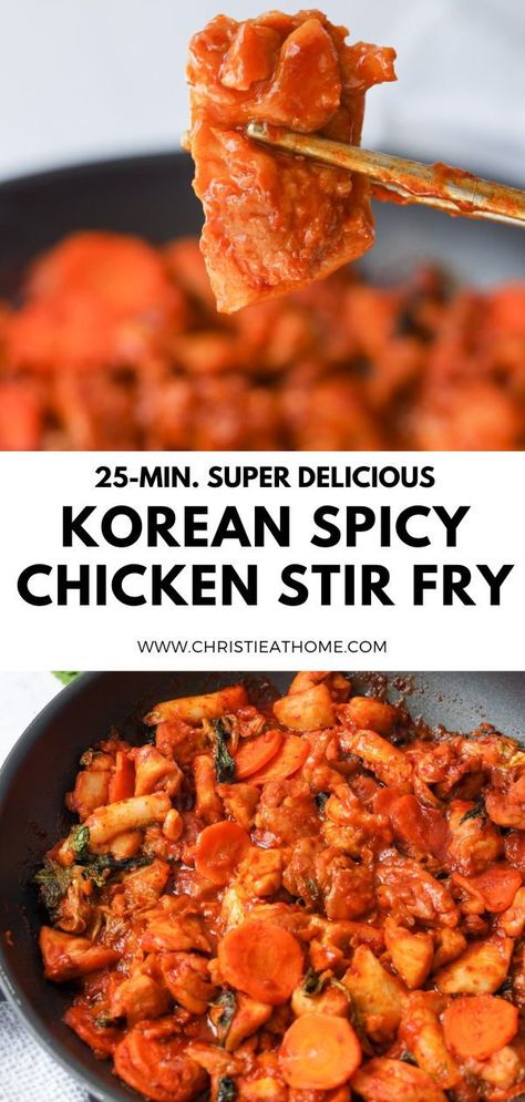 Dak Galbi (Korean Spicy Chicken Stir Fry). Tender juicy chicken stir fried in a smoky, spicy, sweet sauce with carrots, cabbage, perilla leaves, rice cakes and onion. Ready in 25 minutes! #dakgalbi recipe #dak galbi korean chicken #dak galbi aesthetic Chicken Galbi Recipe, Korean Dak Galbi, Dakgalbi Korean Food, Dak Galbi Korean Chicken, Dak Galbi Recipe, Dakgalbi Recipe, Chicken Dakgalbi, Chicken Thigh Stir Fry, Dak Galbi