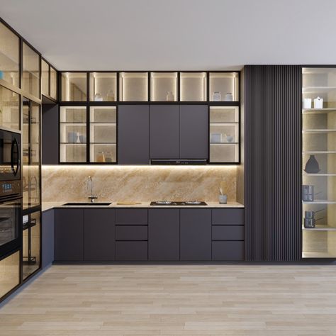 Modern Kitchen L Shape, L Shape Cabinet, L Shape Kitchen Island, L Shape Kitchen, L Shaped Kitchen Interior, Kitchen With Shelves, Low Floor Bed, L Shape Kitchen Design, L Shaped Kitchen Designs