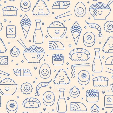 Japanese Food Illustration, Rice Rolls, Vector Art Design, Chinese Typography, Smiling Faces, Food Patterns, Japanese Characters, Sushi Rice, Icon Set Vector