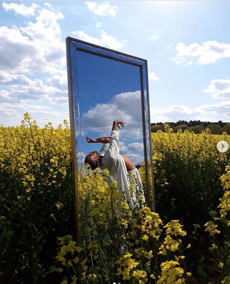 Mirror In Forest Photography, Editorial Mirror Photography, Mirror In A Field Photoshoot, Mirror Nature Photoshoot, Mirror Field Photoshoot, Nature Theme Photoshoot, Field Mirror Photoshoot, Mirror In Field Photography, Mirror In Grass Photoshoot