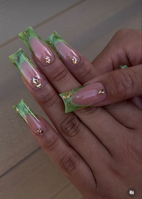 Green Nails With Gems, Taurus Birthday Nails, Jade Nails Designs, Classy Acrylic, Nails Extra, Green Acrylic Nails, Acrylic Toe Nails, Her Nails, Nail Sets