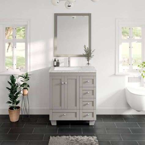 Eviva Happy 30 in. W x 18 in. D x 34 in. H Bath Vanity in Gray with White Carrara Marble Vanity Top and White Sink EVVN30-30X18GR - The Home Depot Transitional Bathroom Vanity, Grey Bathroom Vanity, Carrara Marble Countertop, Linen Cabinets, White Carrara Marble, Small Bathroom Vanities, Grey Bathroom, Transitional Bathroom, Porcelain Sink