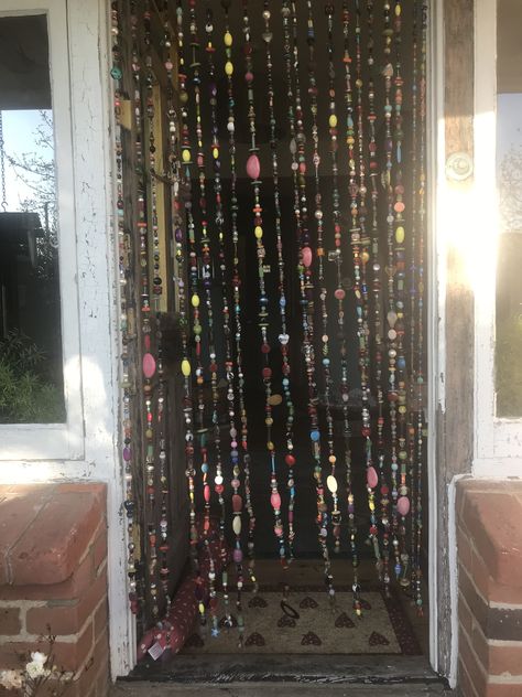 Beads On Door, Door Beads Curtain Diy, Bead Doorway, Bead Door Curtain Diy, Bead Curtain Doorway, Shed Bedroom Ideas, Beaded Doorway Curtain, 70's Bedroom, Bead Door Curtain