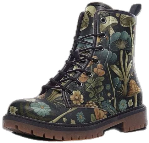 Mid Height Boots, Forest Mushrooms, Grunge Festival, Boots Boho, Floral Combat Boots, Witch Boots, Print Boots, Vegan Leather Boots, Mushroom Print