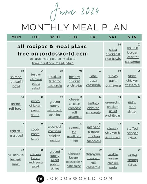 Free June Meal Plan! This free monthly meal plan calendar includes dinner plans for a whole month of eating easy, healthy recipes. July Meal Plan Calendar, July Meal Calendar, Healthy Dinner Plan For The Week, How To Meal Plan For The Week, Simple Meal Plans For The Week, Food Calendar Meal Planning, Monthly Dinner Calendar, Meal Planning Menus Families, Monthly Dinner Menu Ideas