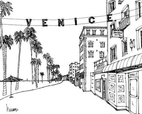 venice, california  black line sketch  #venice #california #boardwalk #pacific #surf #travel California Boardwalk, California Drawing, Drawing Ideas Simple, California Illustration, Sign Drawing, Beach Sketches, Surf Travel, Beach Drawing, Ink Pen Art