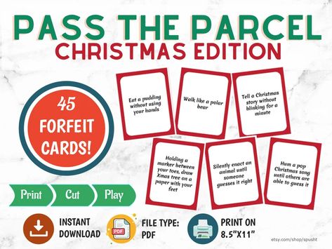 Pass the Parcel Christmas Forfeits Christmas Game Cards | Etsy Forfeit Ideas, Pass The Parcel Game, Game Night Family, Christmas Group Games, Christmas Eve Games, Pass The Parcel, Large Group Games, Group Holiday, Treasure Hunt For Kids