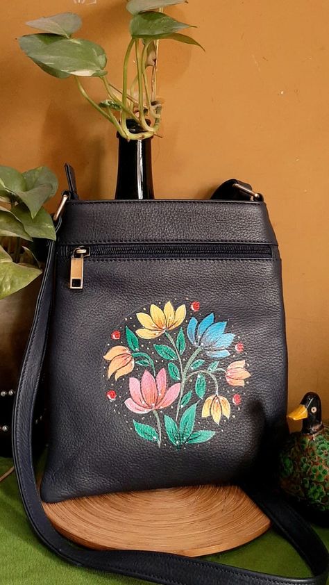 Handpainted Pure Leather bag. For queries contact 9874319973 Leather Bag Painting Ideas, Painting On Leather Bags, Purse Painting, Hand Painted Bags Handbags, Tray Painting, Painted Purses, Painted Leather Purse, Hand Painted Leather Bag, Painted Canvas Bags