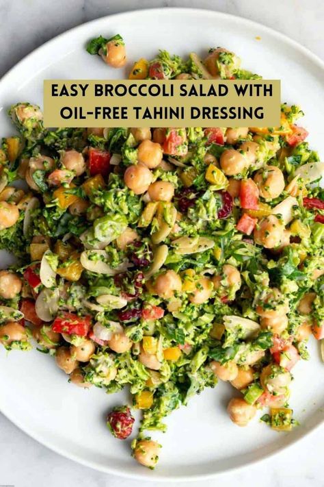 Easy Broccoli Salad With Oil-Free Tahini Dressing is a high-protein, balanced meal. Make ahead for dinner, or pack for lunch. Creamy & tasty. Protein Broccoli Salad, Salad Protein Vegetarian, Vegetarian High Protein Salads, High Protein Make Ahead Salad, Broccoli Salad With Tahini Dressing, Brócoli Salad, Easy Broccoli Salad, Eat Pretty, Tahini Dressing